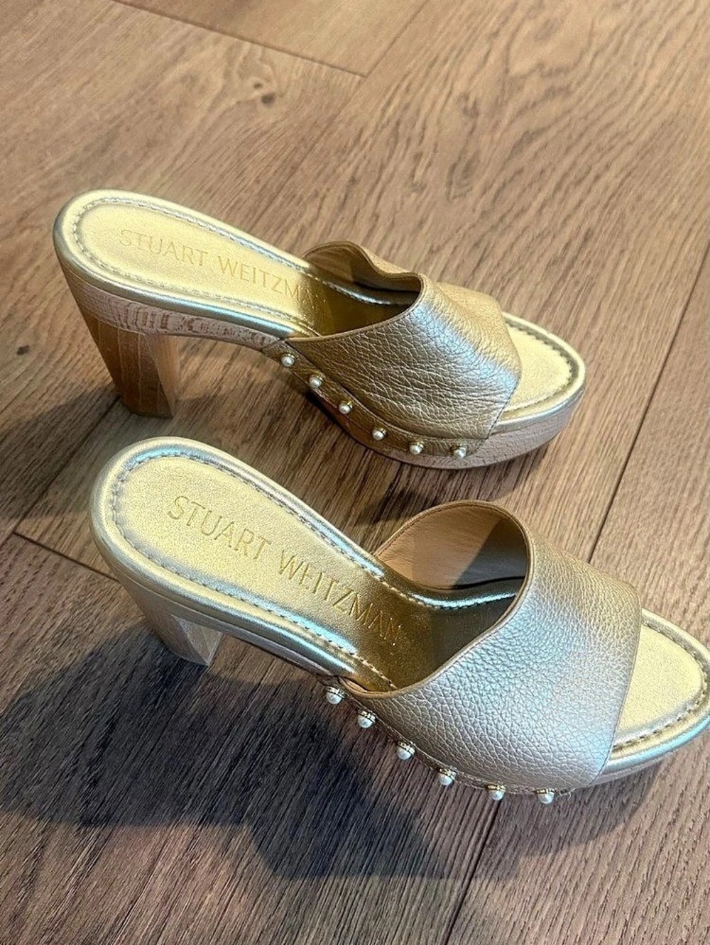 Stuart Weitzman Pearl-Trim Metallic Block Heel Mules